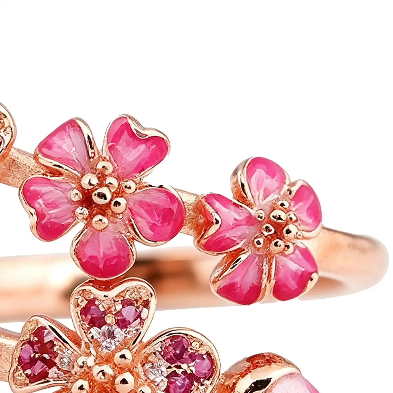 Adjustable Open Women Peach Blossom Ring Gemstone Embellished Rose Gold Plated Blossom Ring Crystal Party Gift view 4