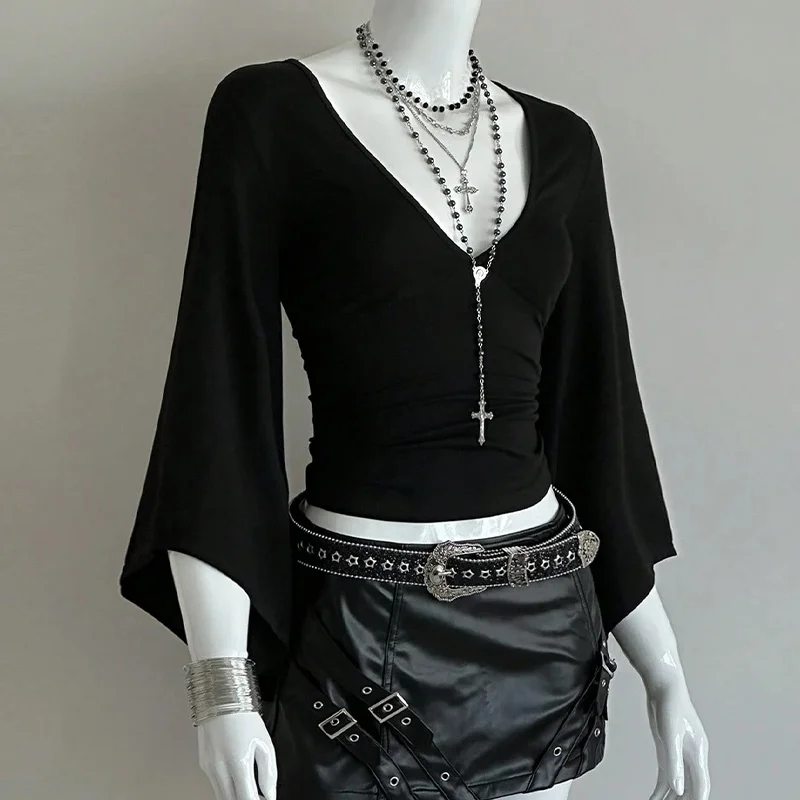 Women Punk Deep V Neck Zip Front Flare Long Sleeve Harajuku Side Slim Fit Cropped Top Gothic Streetwear Solid Black T-Shirt Ins