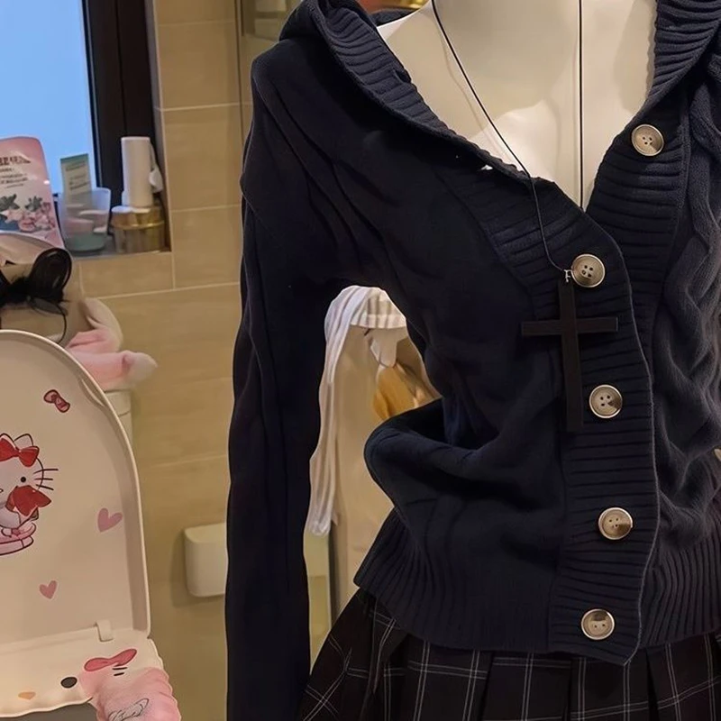 Damski kardigan z kapturem, dzianinowy, zapinany na guziki, z długim rękawem, sweter na wiosnę i jesień, luźny, w stylu lazy preppy, Harajuku Y2K, płaszcz.