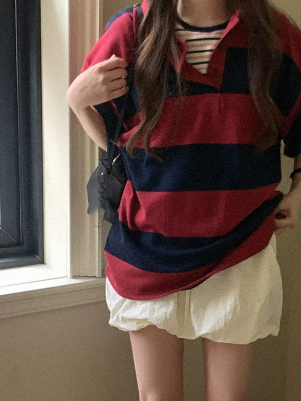 

Футболка в американском стиле ретро Lazy Stripe ort Sve ex Loose Couple f Sve Top Summer New Sle Versatile Casual Ne