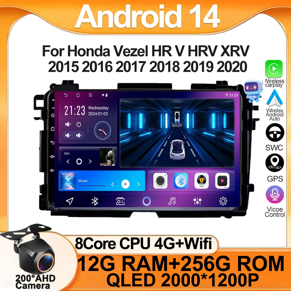 Android 14 For Honda Vezel HR V HRV XRV 2015 2016 2017 2018 2019 2020 Car Radio Multimedia Stereo Player GPS Navigation Carplay