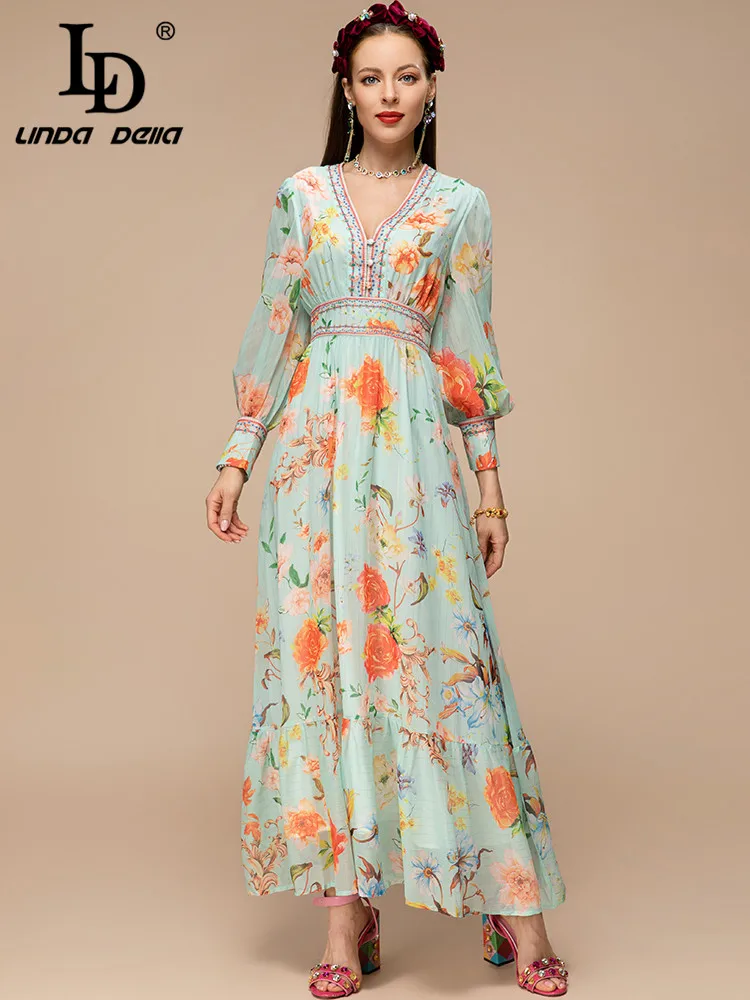 LD LINDA DELLA New 2023 Spring Summer Fashion Women Vintage Elegant Big Swing Long Dress V-Neck Button Slim Floral Print Dress