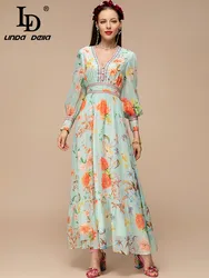 LD LINDA DELLA New 2023 Spring Summer Fashion Women Vintage Elegant Big Swing Long Dress V-Neck Button Slim Floral Print Dress