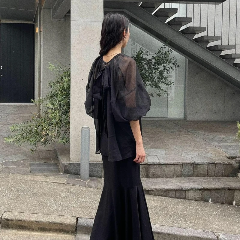 Kuzuwata Translucent Black Round Neck Drawstring Elegant Shirt Puff Sleeve Slim Waist Blouse Japanese New Fashion Mujer Blusa