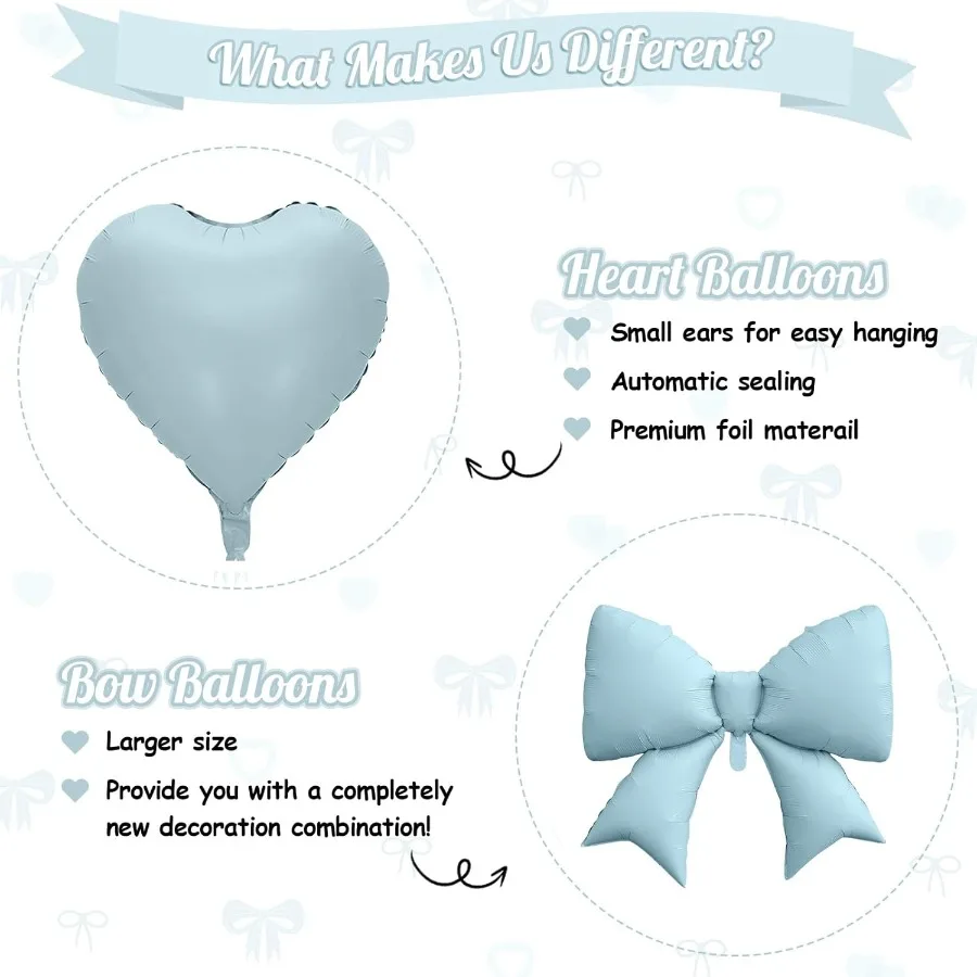 ベビーブルーのハート型バルーン、フォイルボウバルーン10個セット、18インチのハート型バルーンと38インチのヘリウムライトブルーボウフォイルバルーン