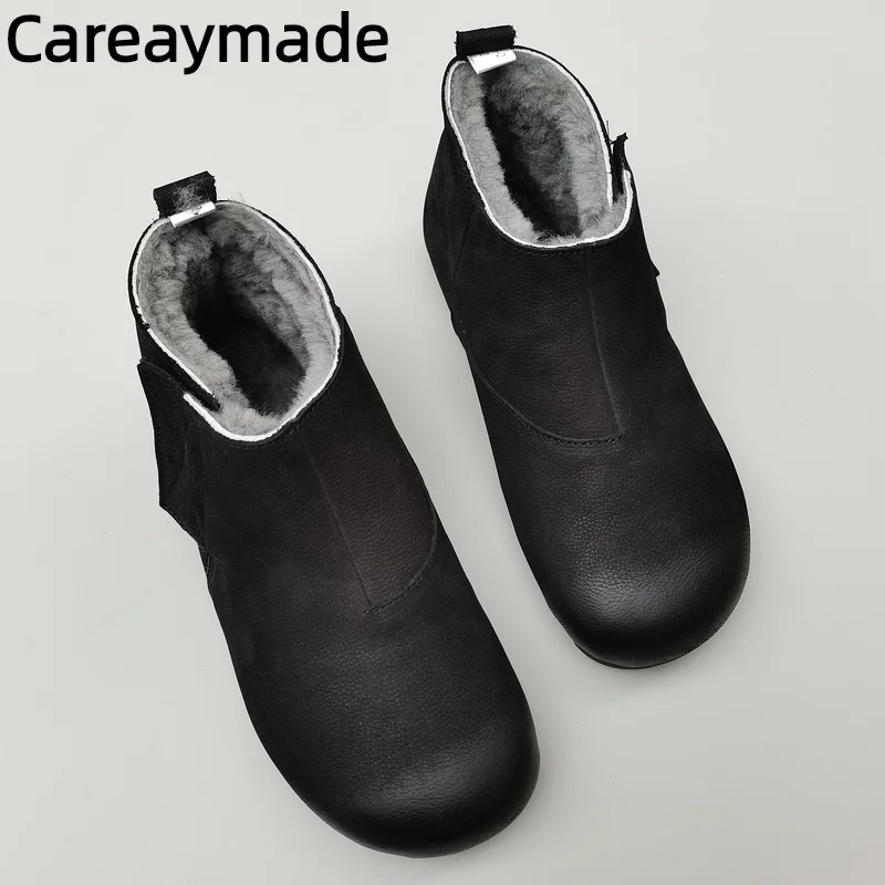 Careaymade-Genuine leather wool women's cotton boots,cowhide winter casual warmth flat man anti slip short boots big size 34-45