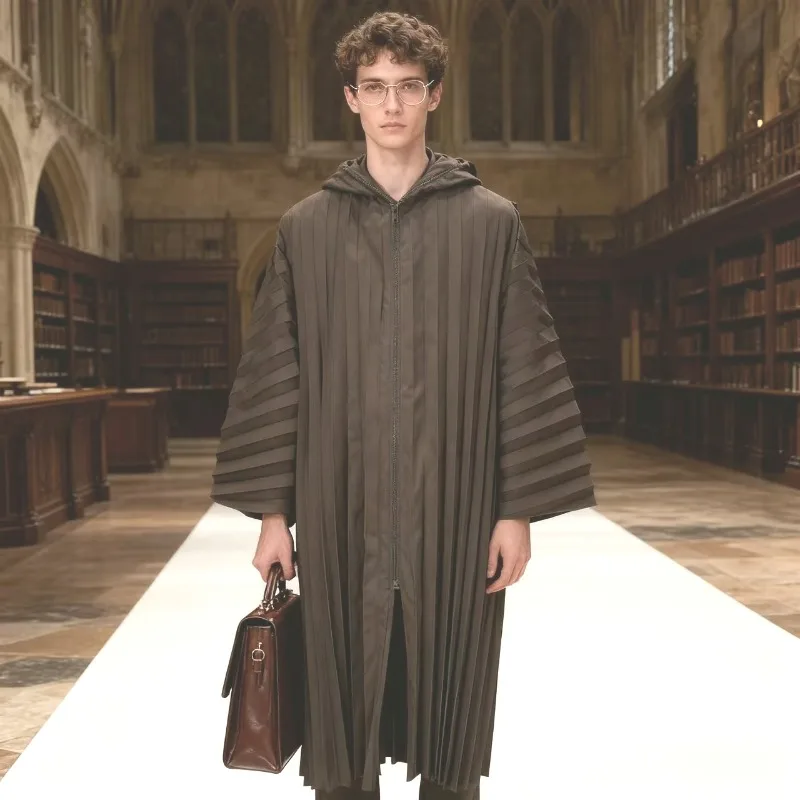 

Японская плиссированная мужская ветровка Miyake 2026, европейская четырехсезонная новая повседневная плиссированная длинная куртка с капюшоном без железа