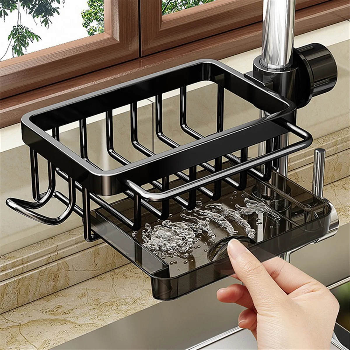 Portaspugna sopra il rubinetto Organizer per lavello da cucina, scolapiatti per rubinetto sospeso staccabile in alluminio spaziale con gancio nero