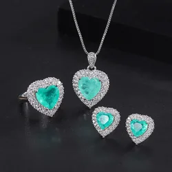 Luxury 925 Sterling Silver Paraiba Heart Necklace Earrings Ring for Women Girl Wedding Dinner Party Jewelry Set Anniversary Gift