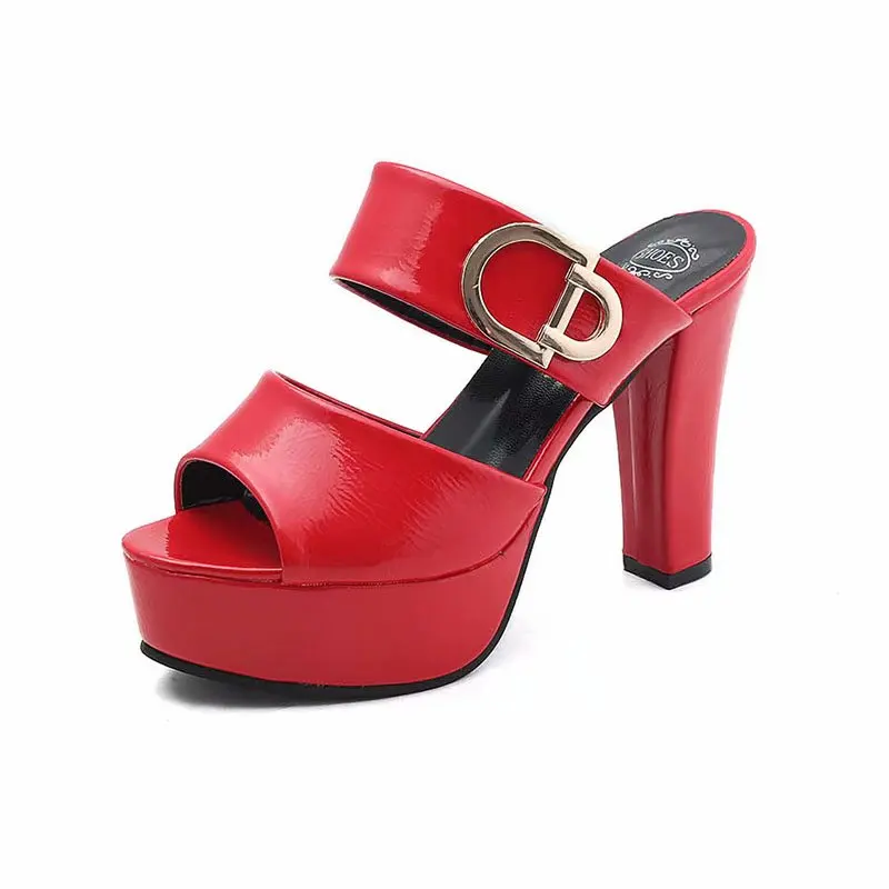 Zapatillas de suela de cuero para mujer, zapatos de tacón alto sexys grueso de 12cm, sandalias de plataforma de PU con punta abierta en negro, rojo