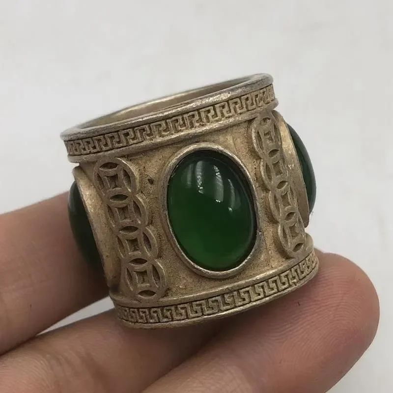 Old China Tibetan Silver Inlaid Vintage Red Gemstone folk-custom Ring Men's Fine Jewelry Gift