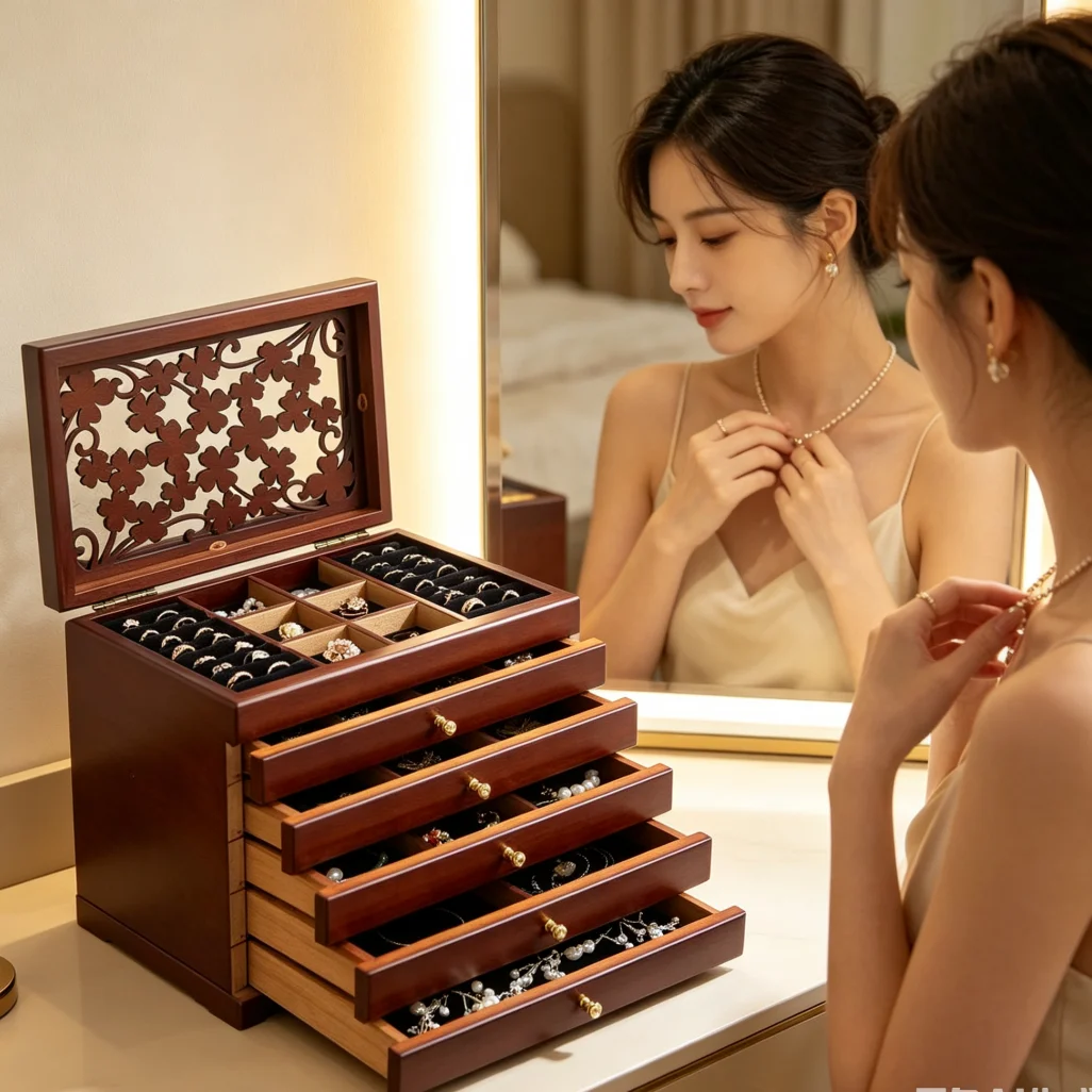 Organizador de Joyas de 6 Niveles, Caja de Almacenamiento de Madera Vintage con Cajones, Soporte Multifuncional para Aretes, Anillos, Collares, Excelente Idea de Regalo para Mujeres