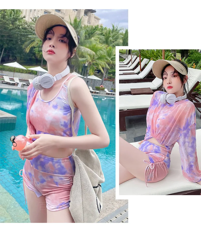 

Купальник-комбинезон из 3 предметов: спортивный, разноцветный, с принтом, с двойными бретелями, низкой посадкой, завышенной талией, шортами и боковыми шнурками, в корейском стиле