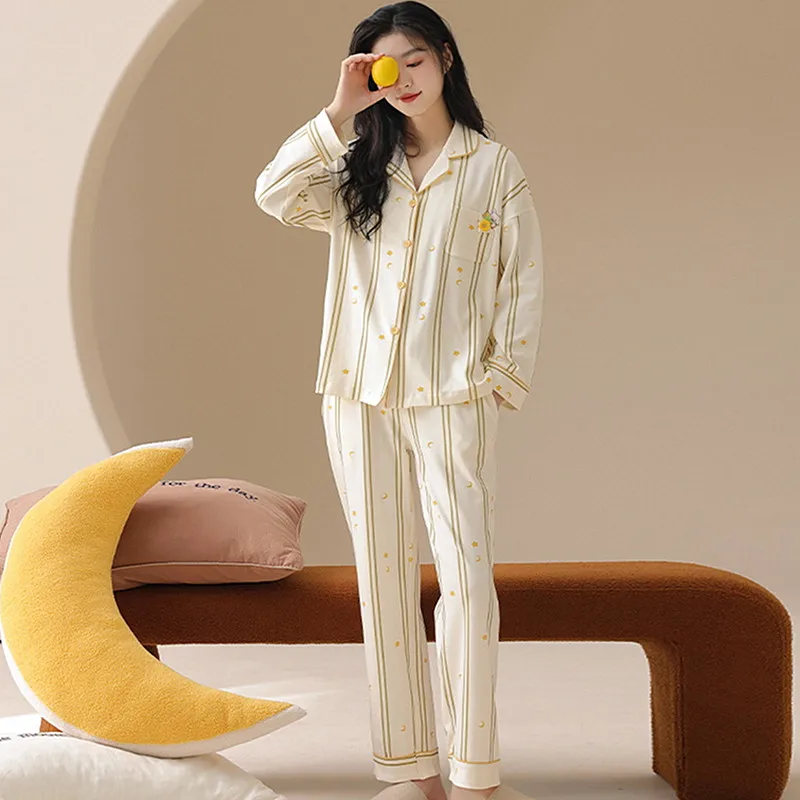 

Fashion Printed Women's Pajamas 100% Cotton Long Sleeve Tops Pant Suit Lounge Spring Autumn Home Clothes Big Size Sleepwear