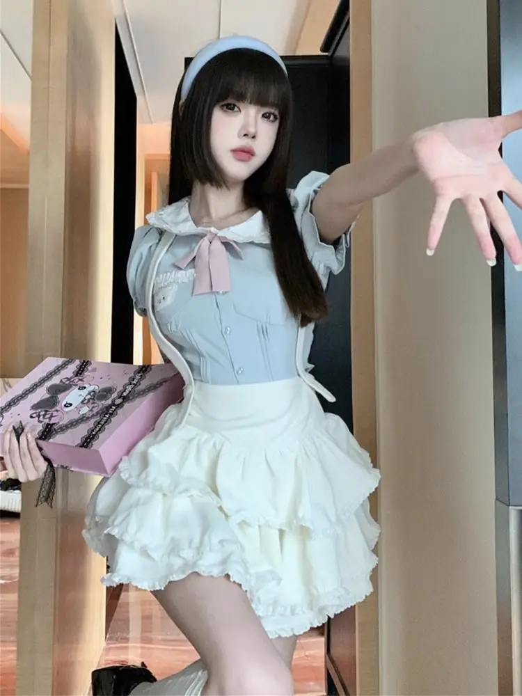 زي مدرسي صيفي لطيف على طراز الدوبامين مكون من قطعتين بأكمام قصيرة ورقبة دائرية من مادة البوليستر ملابس عمل للطلاب