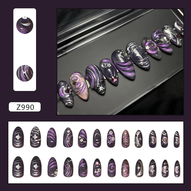 24 pçs roxo escuro perolado unhas falsas y2k imprensa em unhas acrílicas longo amêndoa flash estrelas unhas falsas 3d ondulação decoração wearable