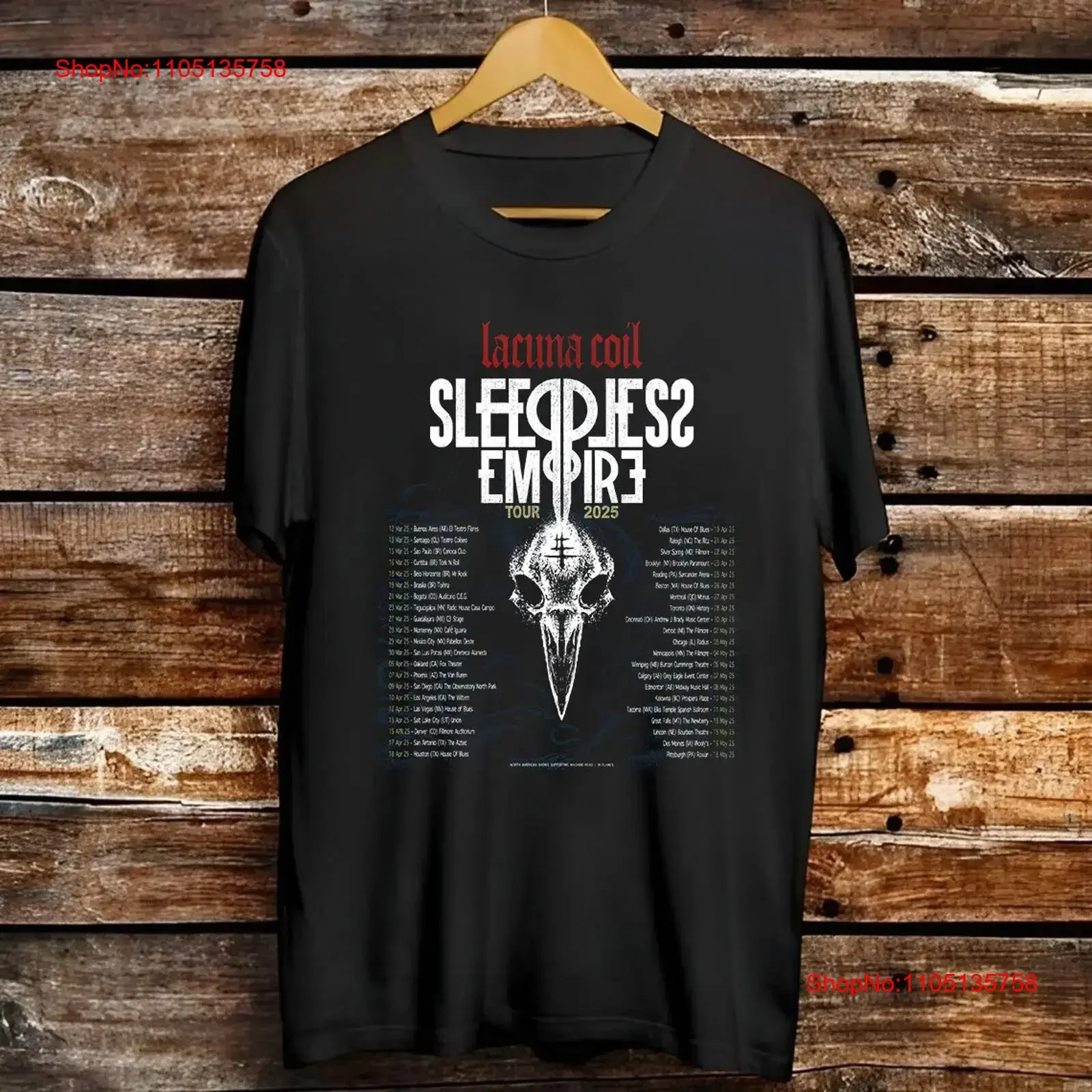 تي شيرت Lacuna Coil بدون نوم جولة إمبراطورية 2025 مقاس كامل S 5XL ملابس مصممة عتيقة مغسولة قليلاً ومتعددة الاستخدامات