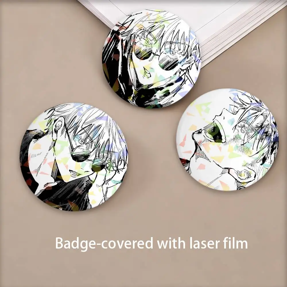 Gojo Satoru Jujutsu Kaisen Round Badge Lapel Pins for Backpacks Briefcase Laser Brooch Clothes Gifts