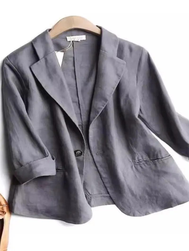 Giacca da abito da donna moda estiva 2025: blazer corto in lino di cotone traspirante e top con maniche a 4/5 - Abbigliamento da ufficio minimalista G674