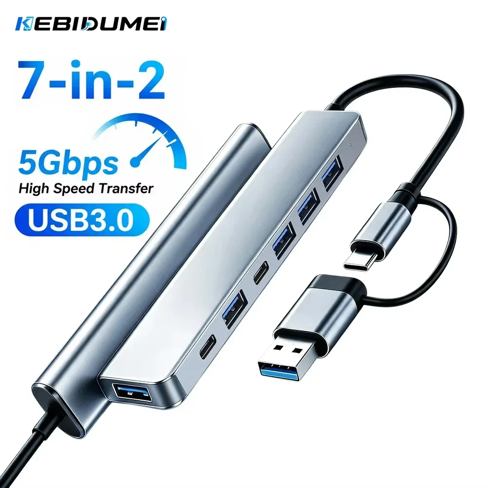 KEBIDUMEI 7-in-2 Docking Station USB 3.0 5Gbps High Speed OTG Adapter USB Hub Type C Multiport Adapter for Macbook Laptop Tablet