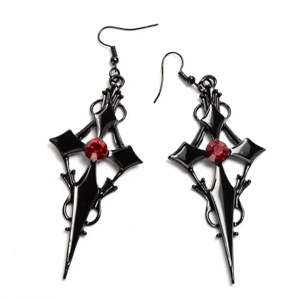 Women Gothic Earrings Punk Style Cross Pattern Metal Red Rhinestone Ear Pendant Free Shipping