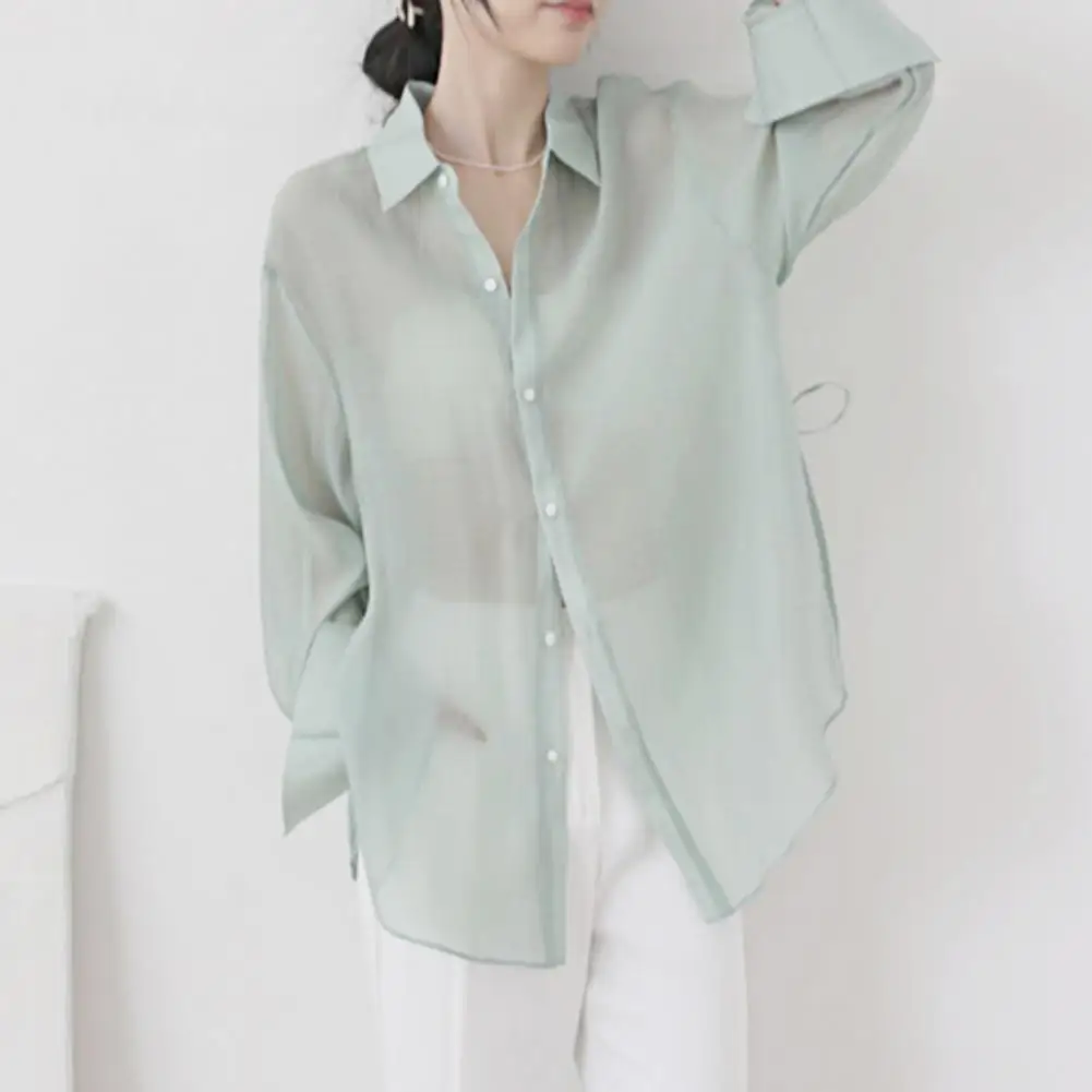 Summer Women Shirt Thin Sunscreen Anti-UV Cooling Solid Color Lapel Lace-up Strap Long Sleeve Shirt Lady Office Top Blouse 블라우스