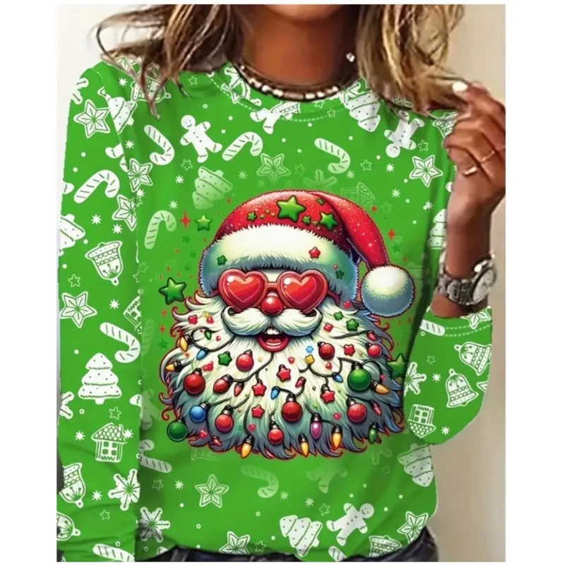 Elegant party women's long sleeved T-shirt with round neck pullover and Santa Claus print high-end T-shirt for women's new style