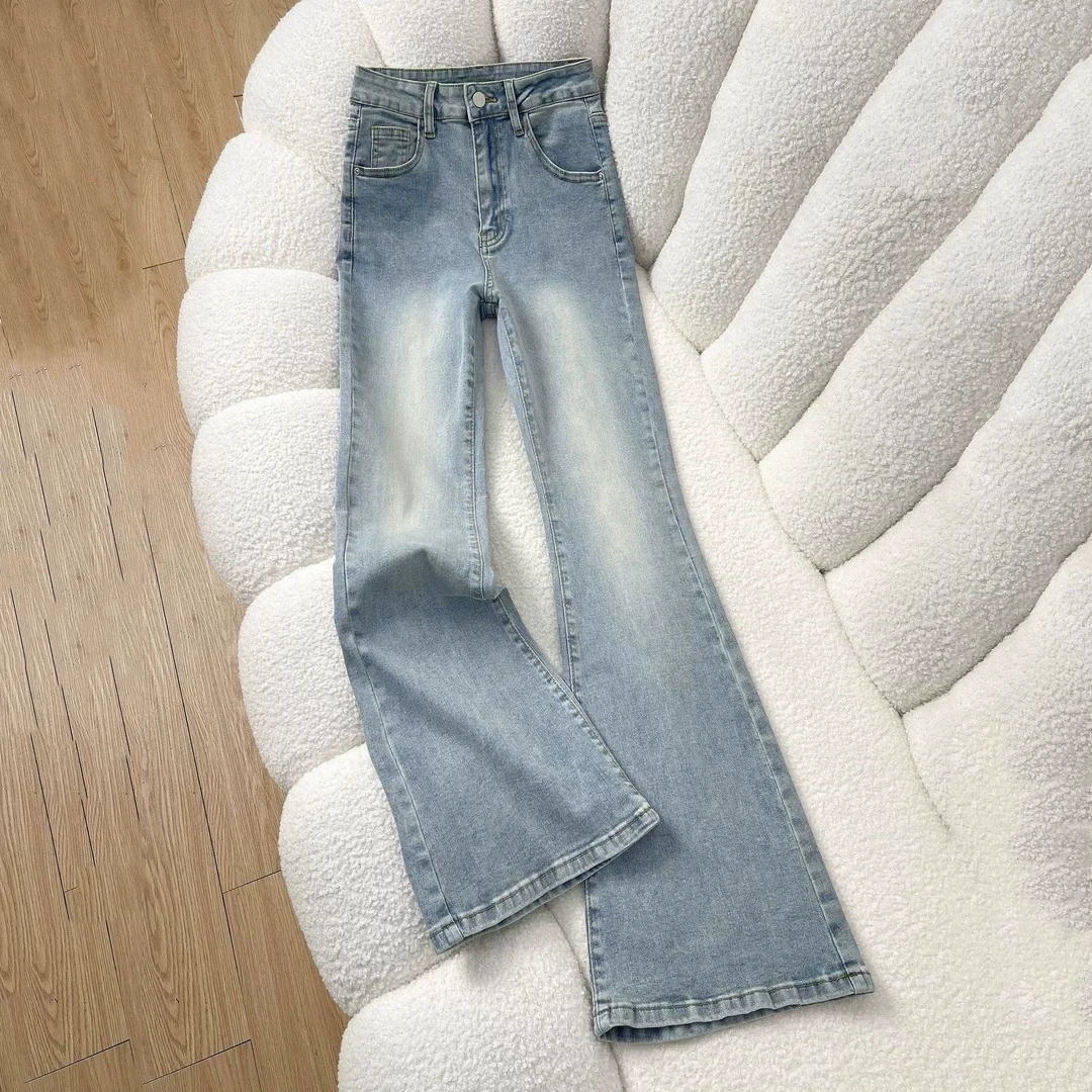 High Waist Bell Bottom Denim Jeans Women's Fall Winter New Style Fleece Warm Bootcut Jeans Korean Washed Blue Micro Flared
