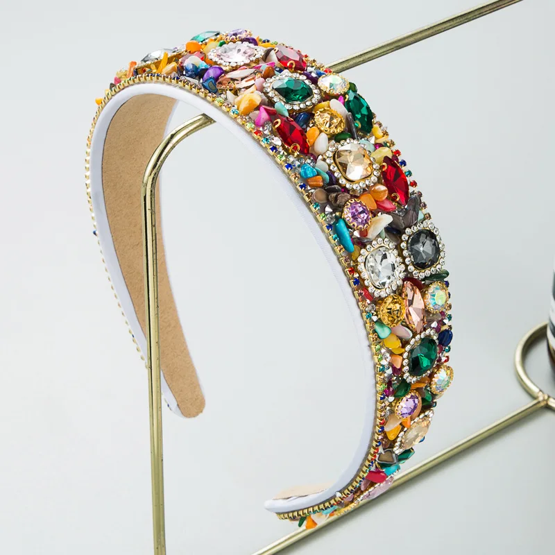 

Новая модная повязка на голову Heming в стиле барокко с геометрическим узором, украшенная камнями и стразами, суперблестящие аксессуары для волос с цветными стеклянными стразами.