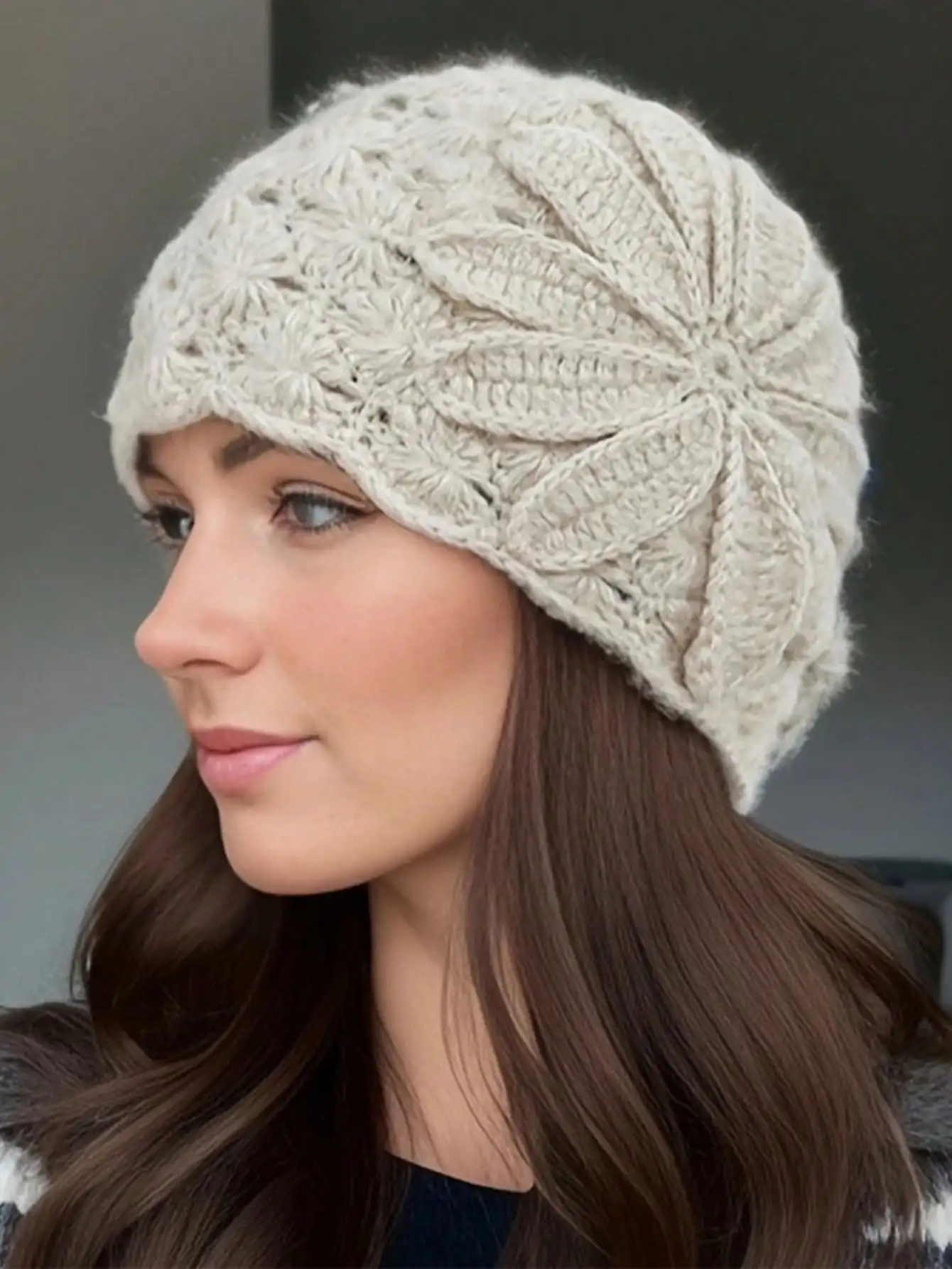 1pc Handmade Crochet Flower Knit Beanie Hat For Women, Warm Winter Slouchy Cap