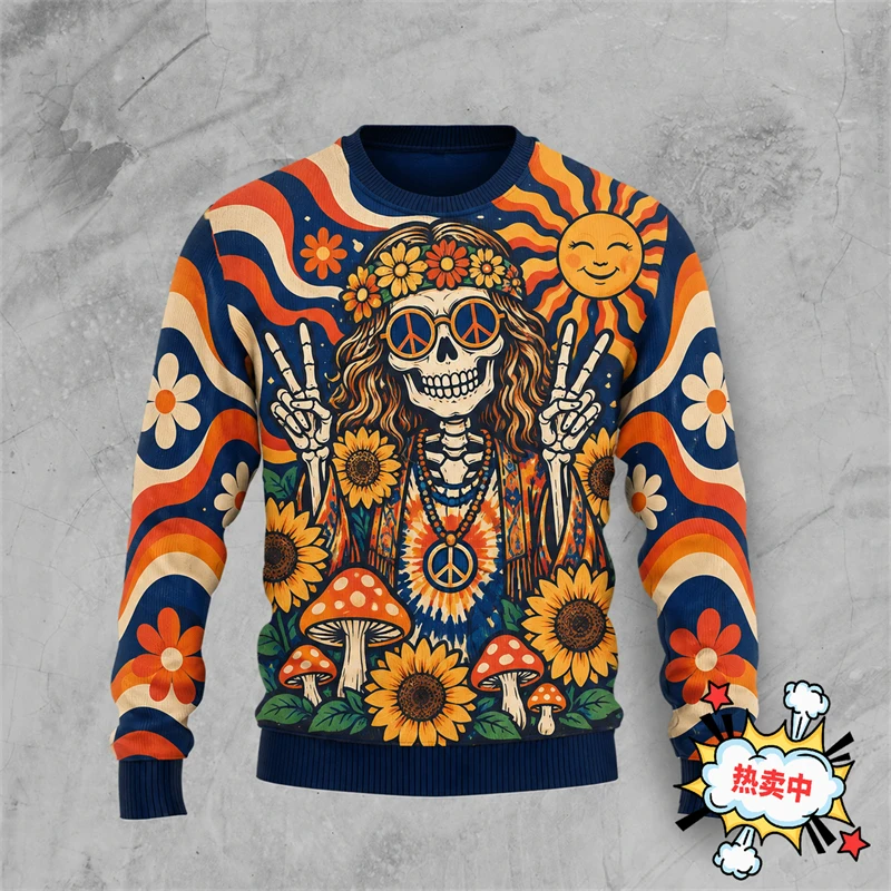 Hippie Skeleton Sweatshirt Men3D Print Hippie Dogs Frogs Graphic Long Sleeve Pullover Retro Harajuku Streetwear Unisex Y2k Tops
