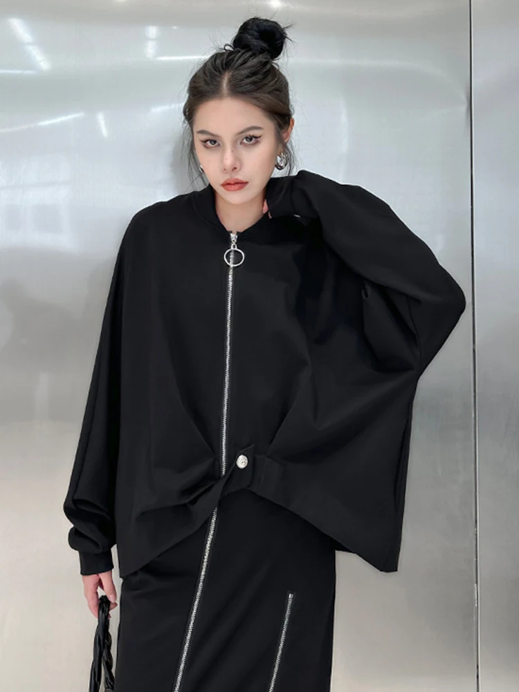 [EAM] Black Irregular Hem Big Size Jacket New Stand Collar Long Sleeve Women Coat Fashion Tide Spring Autumn 2024 1DH1050