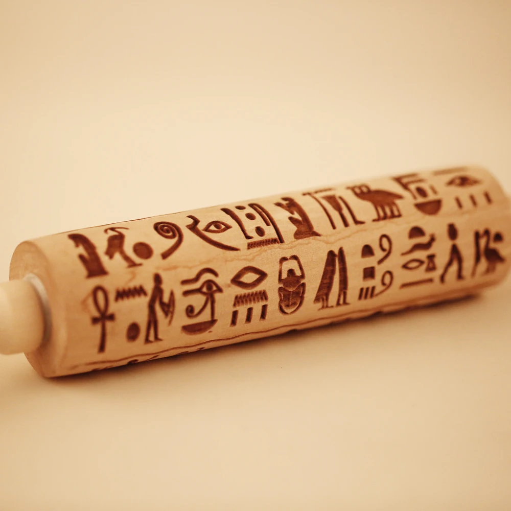 Arjmide Egyptian Hieroglyphs Embossing Rolling Pin with Pattern Cookies Decorating Roller Laser Engraved Rolling Pin For Baking