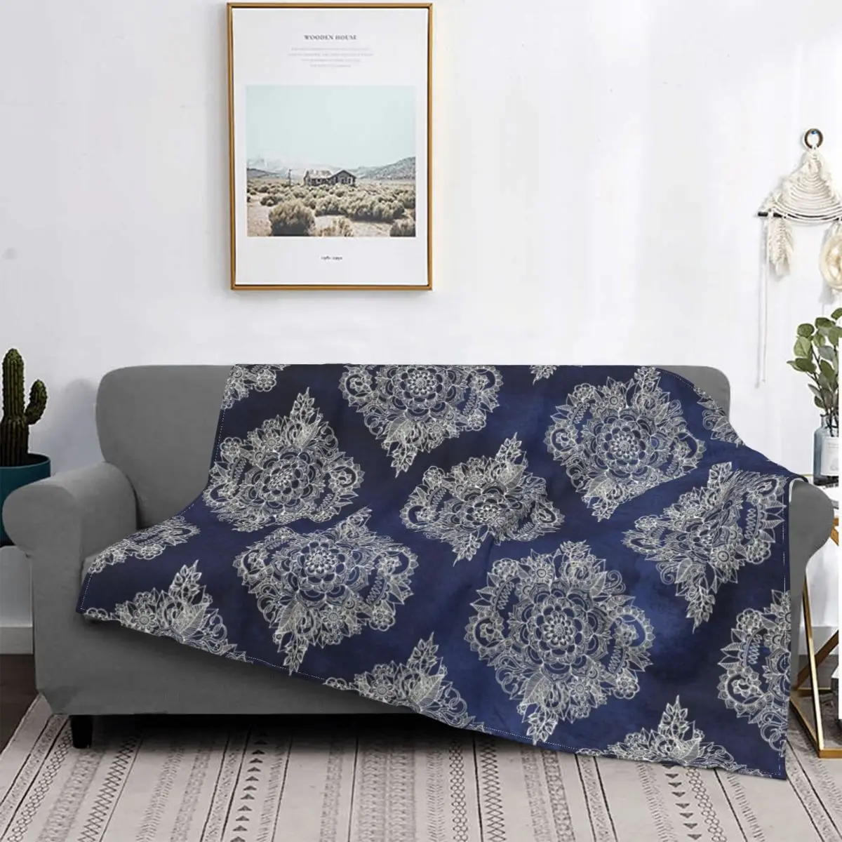 Cream Floral Moroccan Pattern Deep Indigo Ink Blanket Flannel Breathable Super Soft Throw Blankets for Bedding Office Bedspreads