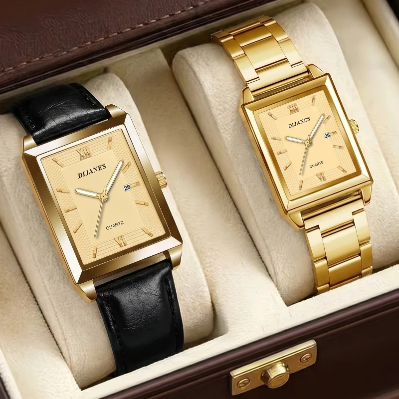 

2pcs Men Square Quartz Wristwatch With Date Classic Roman Numeral Dial Leather & Stainless Steel Band Business Male Watch Gift