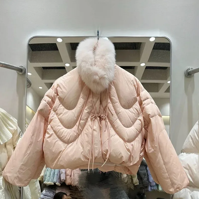 

Korean fox fur collar scarf down jacket for women 2025 New Short 90 White duck down Coat trendy