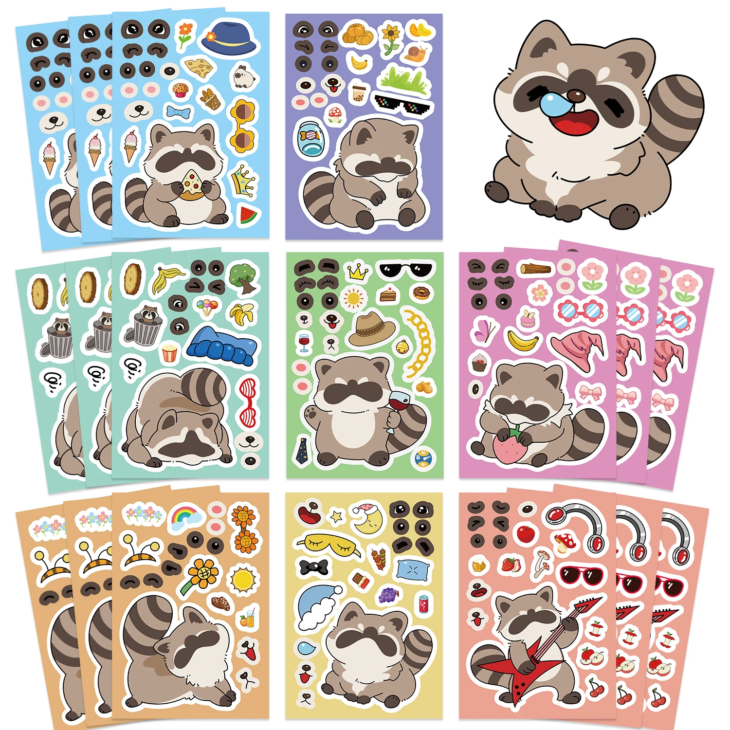 8/16/24개 라쿤 만화 동물 퍼즐 스티커 얼굴 만들기 만화 데칼 문구류 노트북 전화기 데코레이션 스티커