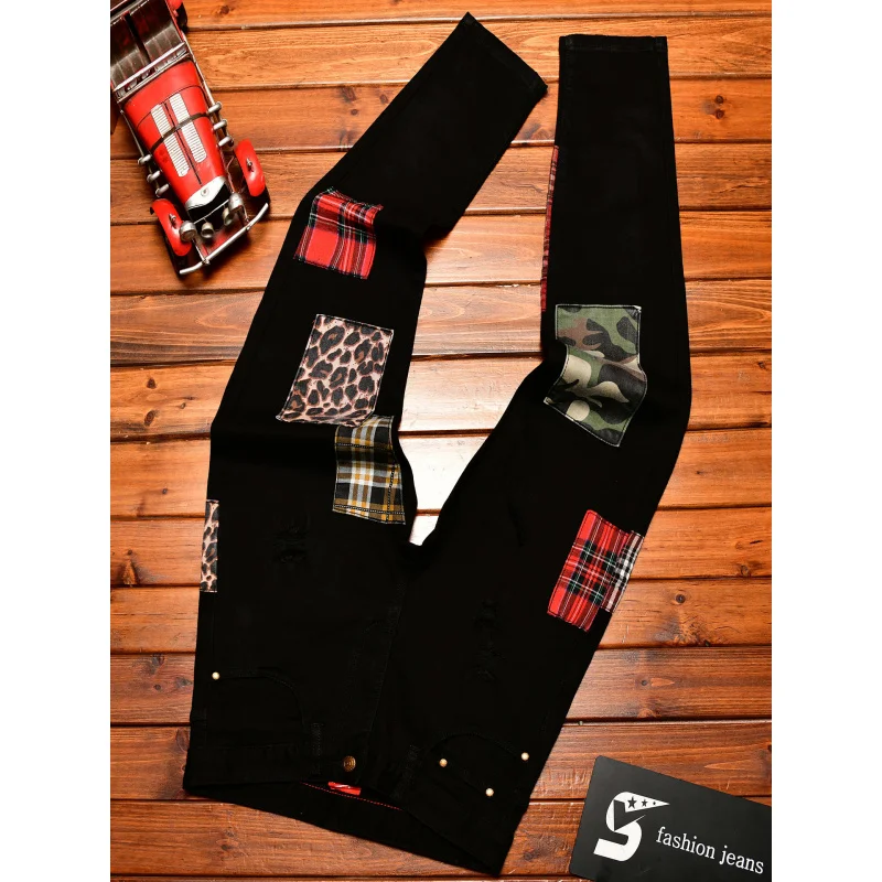 Black Jeans Men's Slim Fit Ankle-Tied Trendy Fashion Stitching Patchwork Design Autumn Stretch Denim Trousers