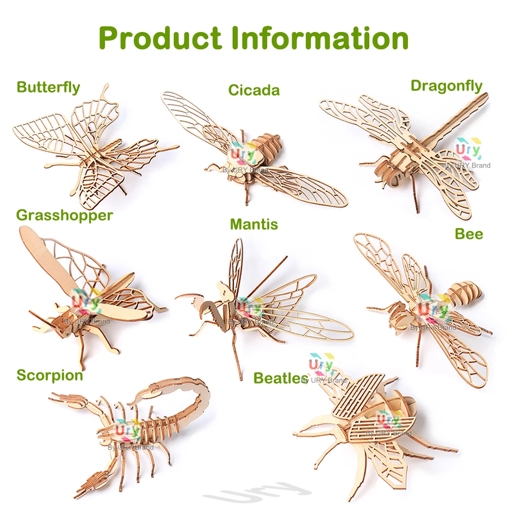 Ury 3D Wooden Puzzle 8 Insects Animal Family Model Butterfly Dragonfly Cicada Mantis Bee Scorpion Model DIY Toys Gifts for Kids