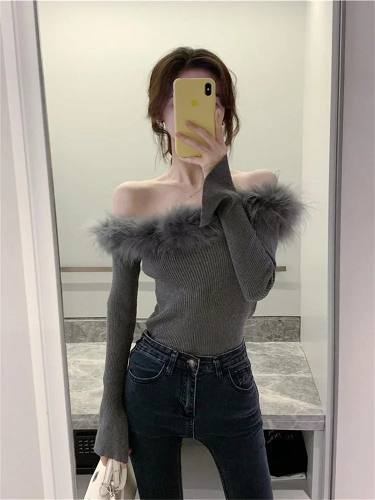 

Women Long Sleeve Knitted Tops Solid Color Fuzzy Boat Neck Slim Tops and Blouses Autumn Elegant Shirts Female Knitwear