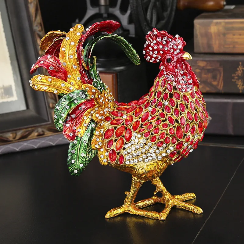 Kotak Perhiasan Hiasan Ayam Jago Besar Vintage Enamel Dilukis Tangan untuk Dekorasi Rumah & Kantor