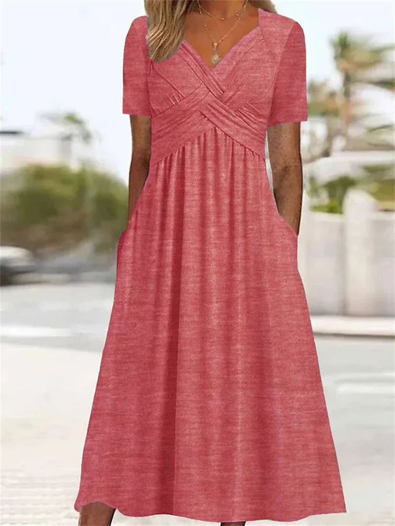 New Crossover Splice V Neck Wrap Bust Dresses Women Summer Short Sleeve Dress Female Casual Solid Color Double Pocket Long Gown