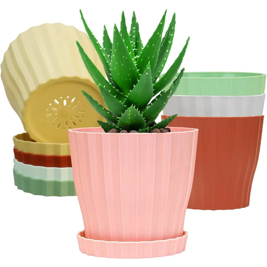 

6 inch Flower Pots for Plants with Drainage Holes and Saucer 5 Pack Plastic Plant Pots Indoor Planters for Outdoor Plants Small
