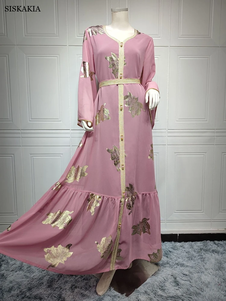 Women Special Party Elegant Formal Floral Bronzing Print Dress Tape Trim Long Sleeve Panel Belted Kaftan Dubai Chiffon Dress