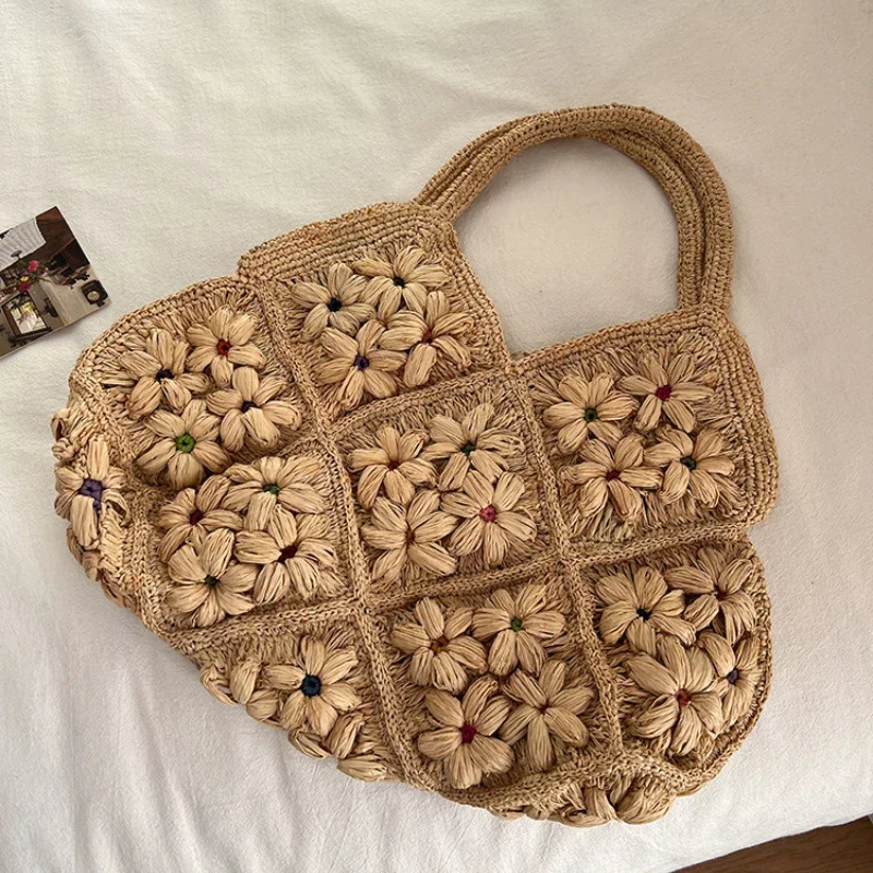 Hochwertige Handgefertigte Raffia-Schultertasche Exquisite Gewebte Stroh-Tragetasche Offene Bunte Blumen-Diamantmuster Einkaufstasche – Detail 1