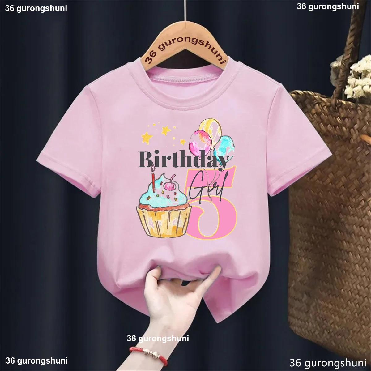 

Watercolor Cake Balloon Star Kawaii Kids Clothes 2nd/3rd/4th/5th/6th/8th Birthday Girls Printed T Shirt Birthday Party T-Shirt