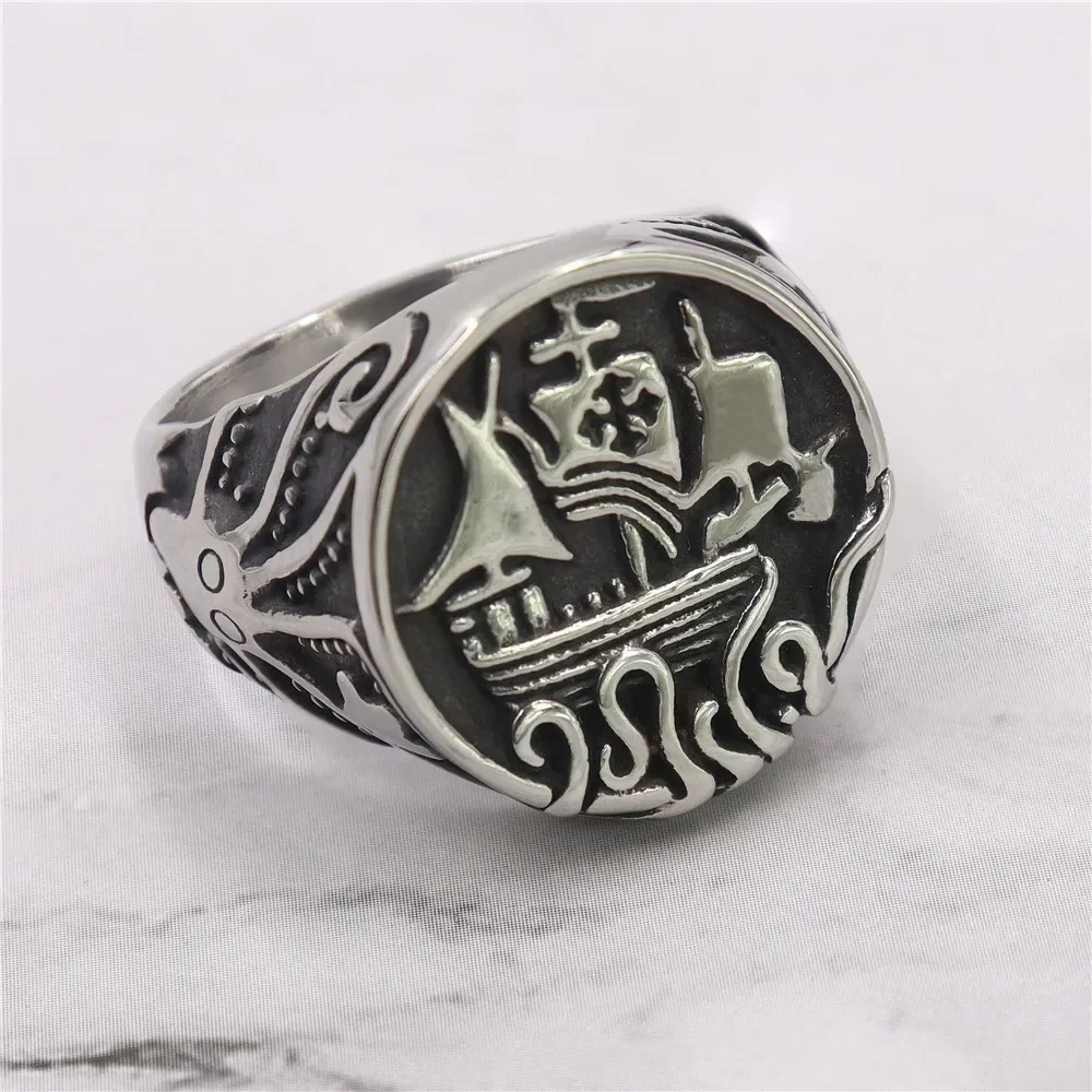 

Pirate Ship Stainless Steel Octopus Sailboat Man's Rings Size 7-15