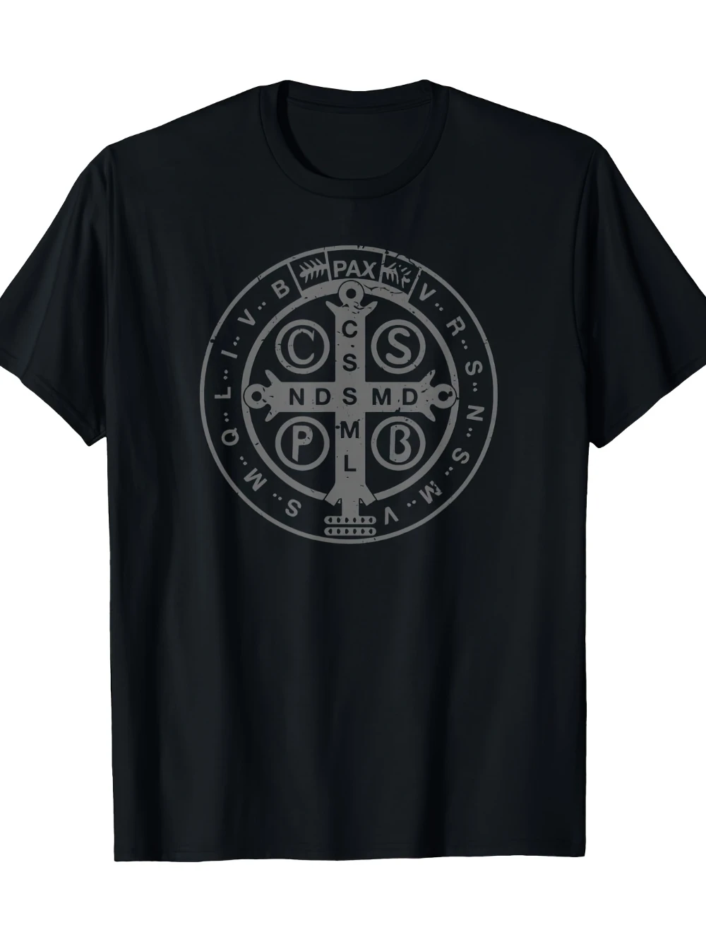 Camiseta Religiosa para Hombre con Medalla de San Benito, Duradera, 180 g/m², Negra con Diseño de la Regla Benedictina Blanca, de Secado Rápido