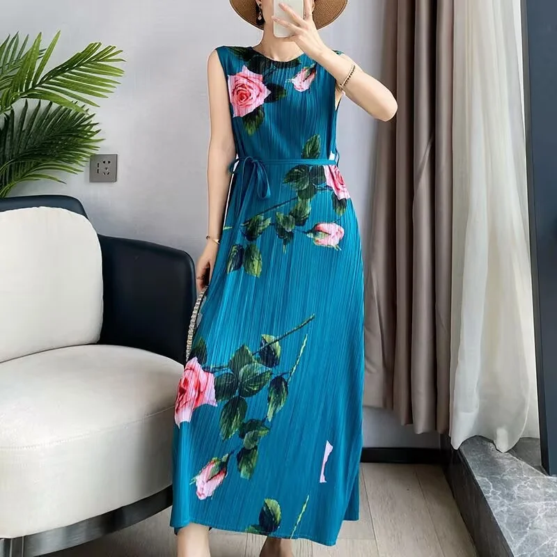 Womens Dresses Evening Dresses Miyake Pleated Rose Print Loose Sleeveless Dress Women's Long Summer 2025 new Lace-up Vest Skirt