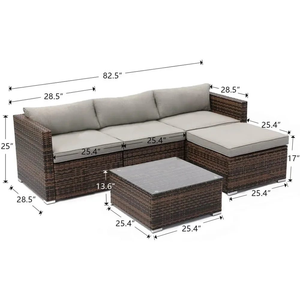 5-Piece Outdoor Furniture All-Weather Mottlewood Brown Wicker Sectional Sofa W Warm Gray Thick Cushions, Glass-Top Coffee Table